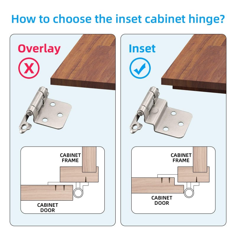 HOME MASTER HARDWARE 50 Packs (25 Pairs) 3/8" Inset Satin Nickel Cabinet Hinges, Self Closing Cabinet Door Hinges with Door Bumper, Semi-Concealed Hinges for Kitchen/Furniture Cabinets & Doors - Image 2